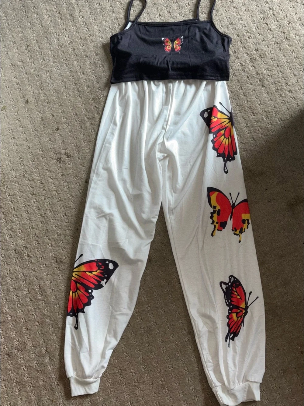 SHEIN Black Crop Tank & White Joggers with Red-Orange Butterfly Print, Size 13Y